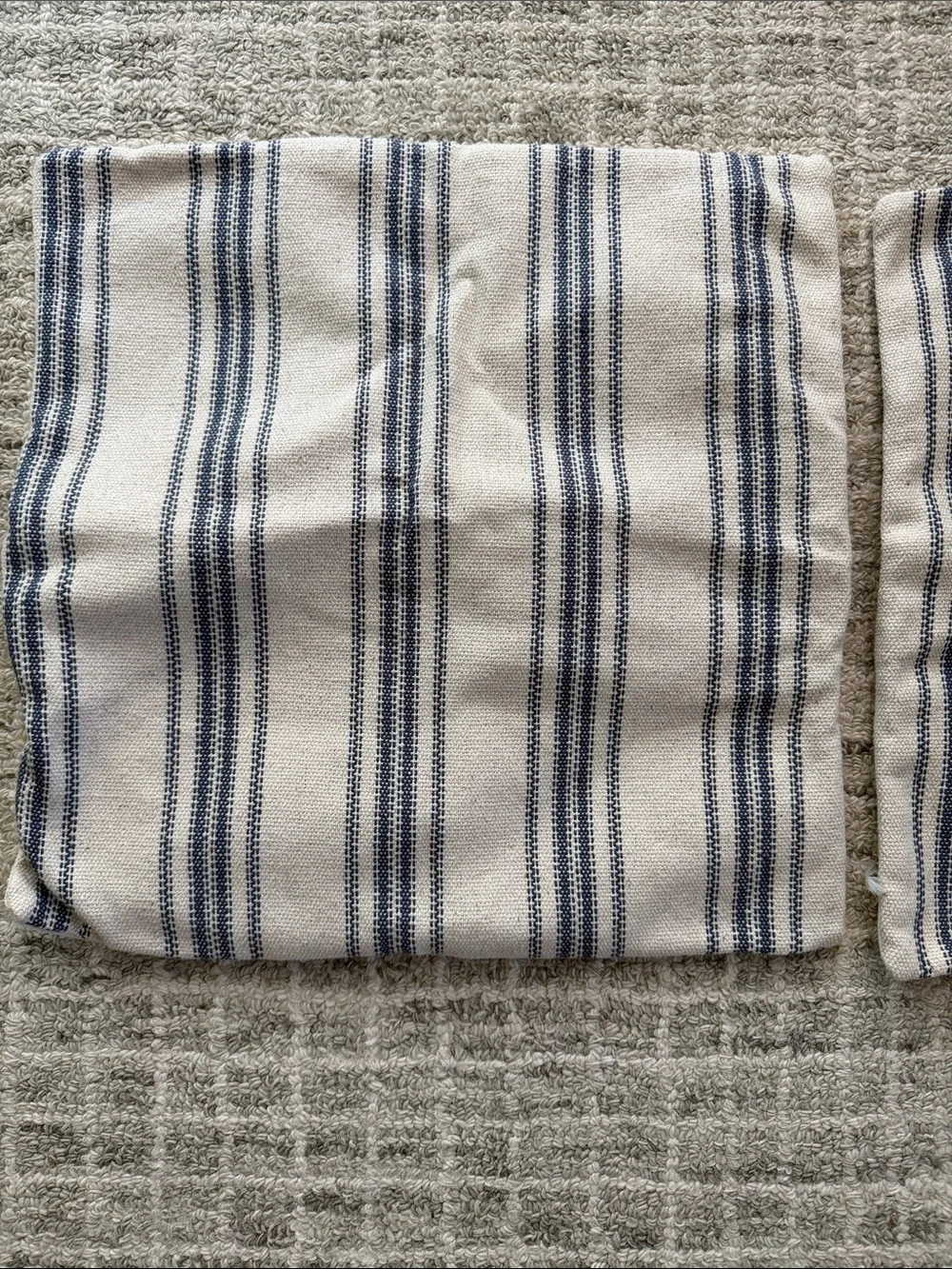 Burlap pillow covers, ticking stripe, navy and off white. 15.5”x15.5” NEW